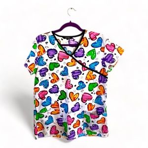 Just Love Colorful Hearts Scrub V-Neck Top- XS